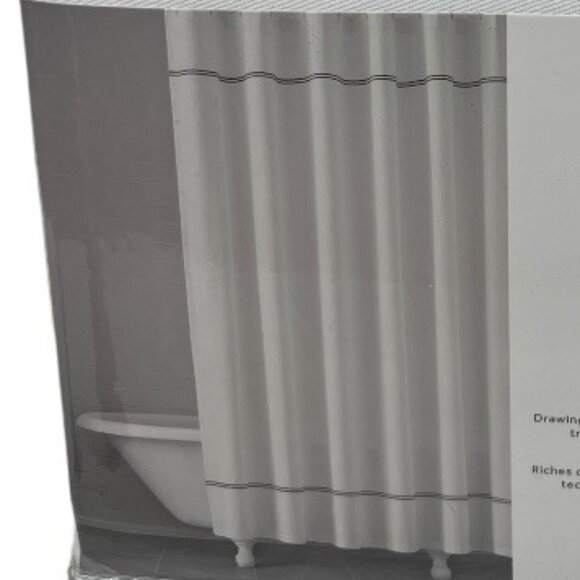 Kassatex New York Bath Shower Curtain Off-White Light Blue Line Cotton 72" x 72" - Picture 5 of 10